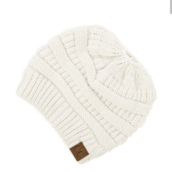 CC Boutique Accessories - CC Messy Bun/Ponytail Ivory Beanie